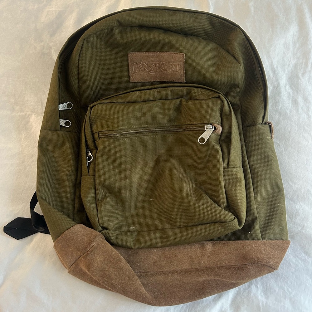 JANSPORT Sage Green Khaki Leather Backpack